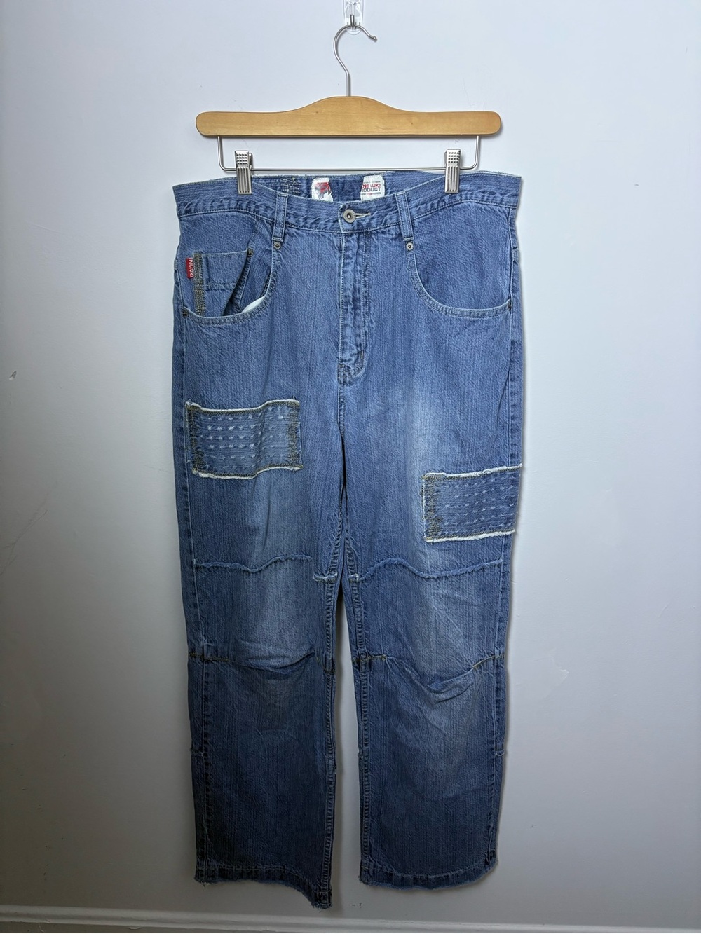 Pepe Jeans UK J489 Baggy Patchwork Denim Jeans Y2K Wide Leg Distressed Size 36